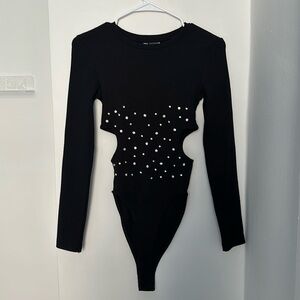 Zara - Tops Ribbed long sleeve bodysuit with cut outs and rhinestone details
